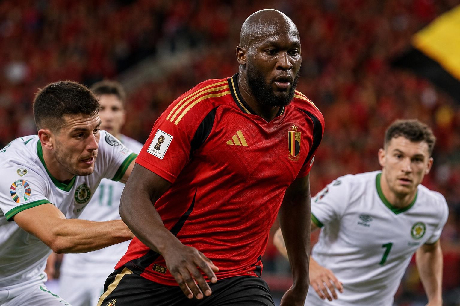 Romelu Lukaku in actie voor de Rode Duivels tijdens een intense interlandcontext