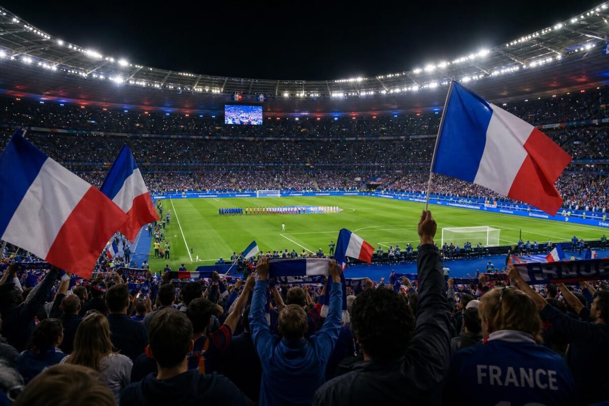 Franse spelers in een vol WK-stadion tijdens een intense tornooisfeer zonder herkenbare gezichten