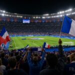 Franse spelers in een vol WK-stadion tijdens een intense tornooisfeer zonder herkenbare gezichten