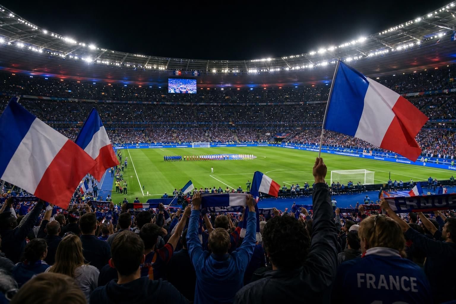 Franse spelers in een vol WK-stadion tijdens een intense tornooisfeer zonder herkenbare gezichten
