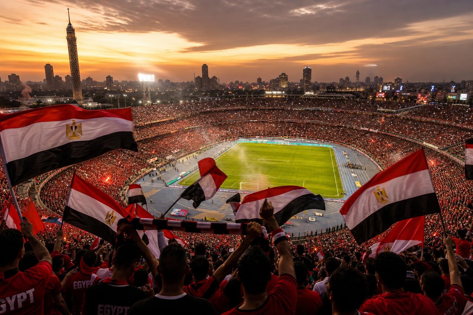 Egyptische voetbalsupporters met nationale vlaggen in een stadion