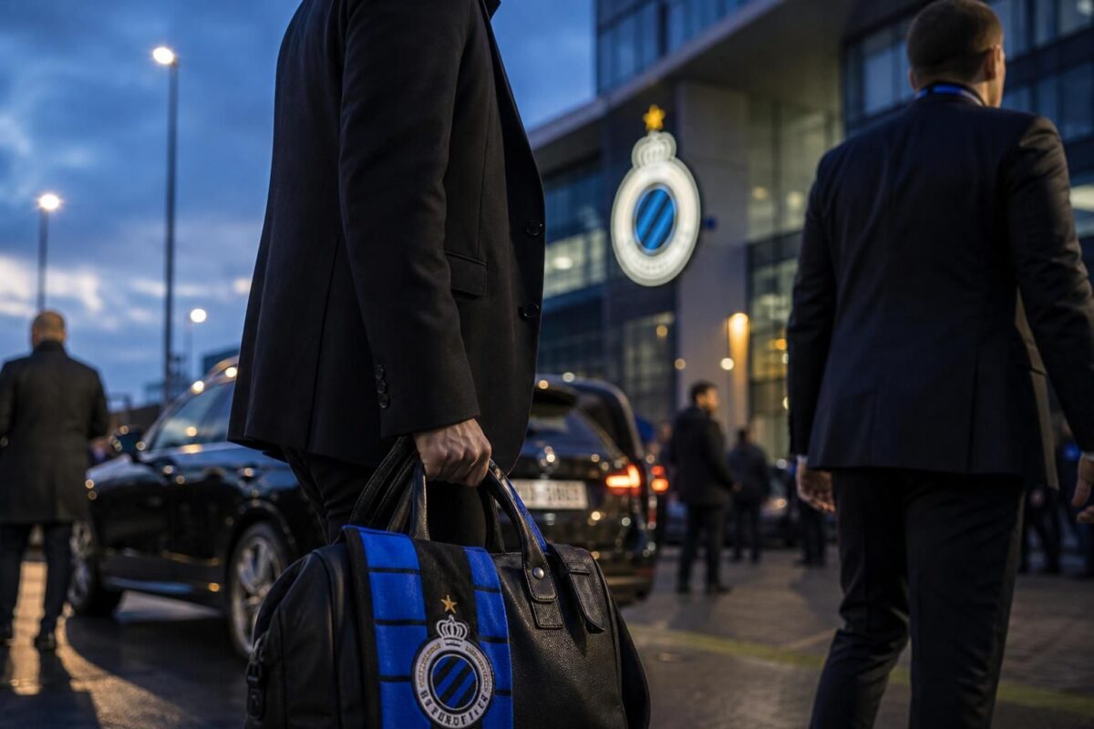 Gespannen transfercontext rond Club Brugge in een stadionomgeving zonder herkenbare gezichten