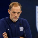 Thomas Tuchel tijdens een gespannen persmoment na de WK-uitschakeling van Engeland