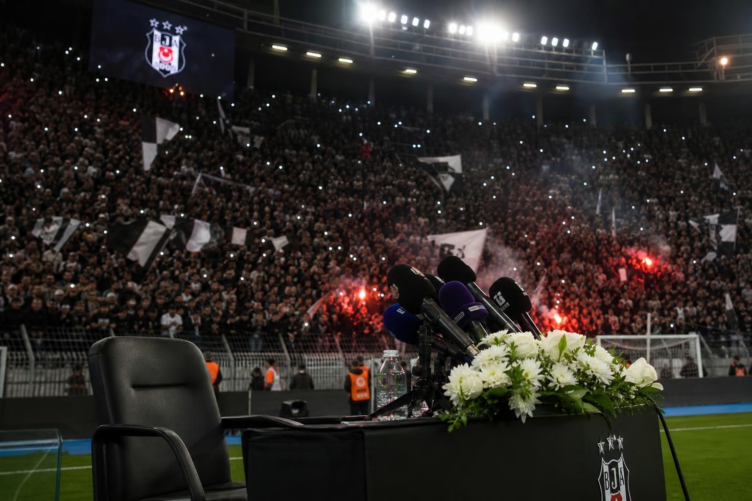 Een geladen stadionpresentatie bij Besiktas met supporters op de achtergrond