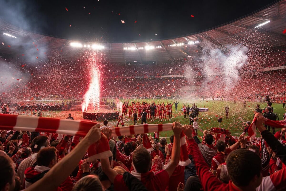 Sfeerbeeld van een Antwerpse titelviering in een vol stadion zonder herkenbare gezichten