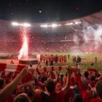 Sfeerbeeld van een Antwerpse titelviering in een vol stadion zonder herkenbare gezichten