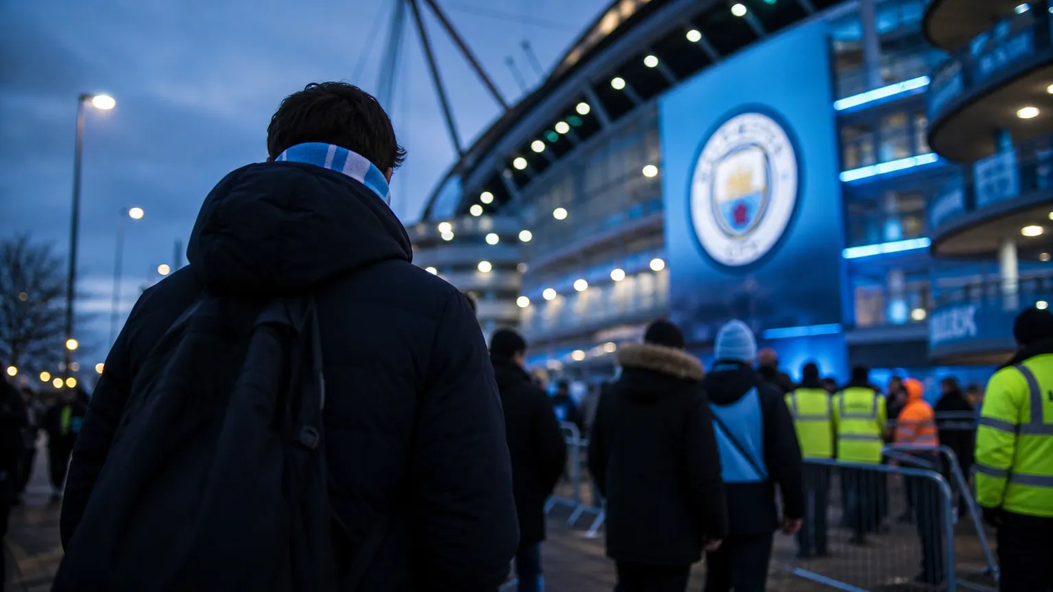 Transferachtige sfeer rond Manchester City met stadionlichten en spanning op de achtergrond