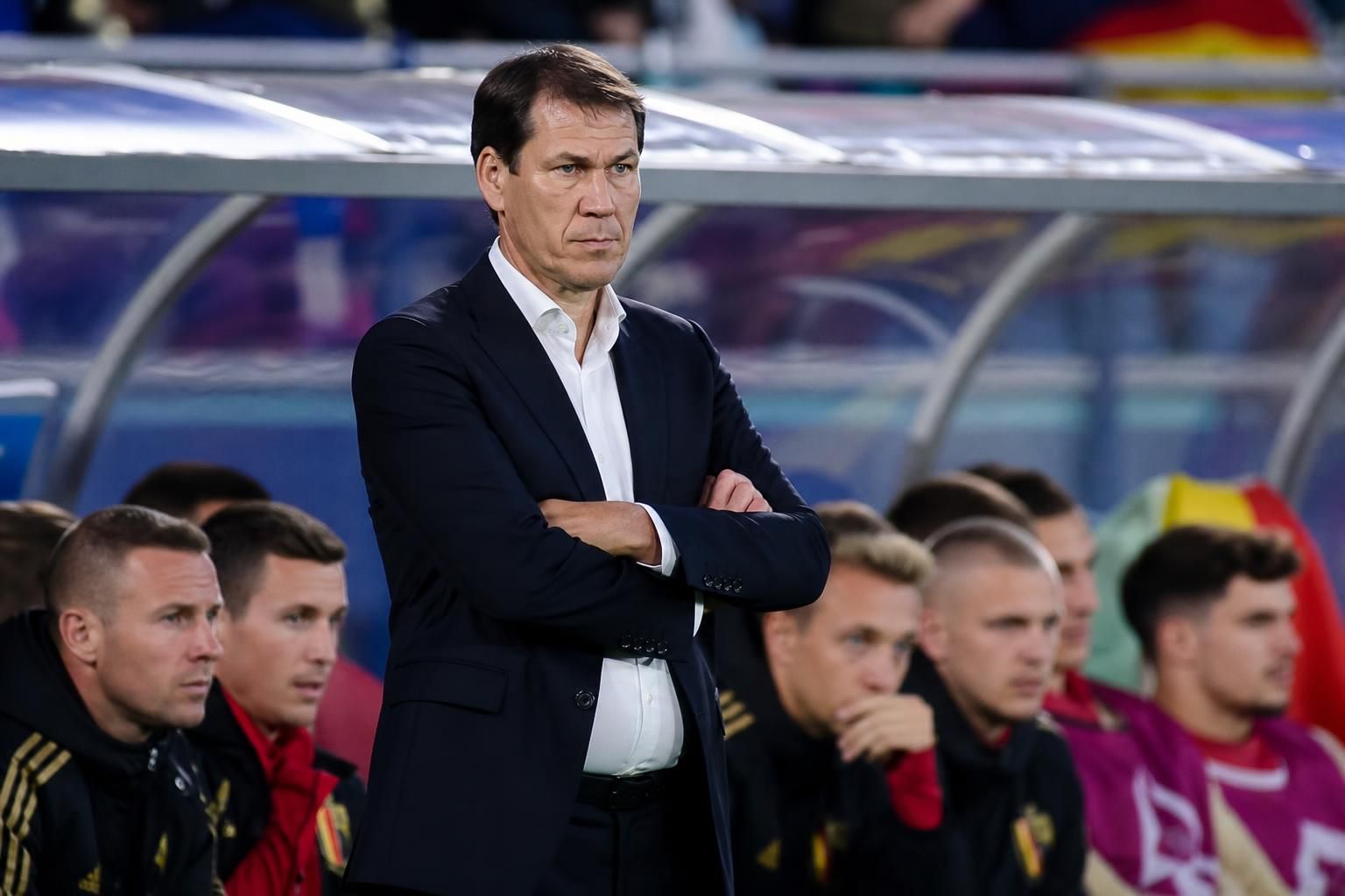 Rudi García langs de zijlijn bij de Rode Duivels tijdens een gespannen WK-wedstrijd