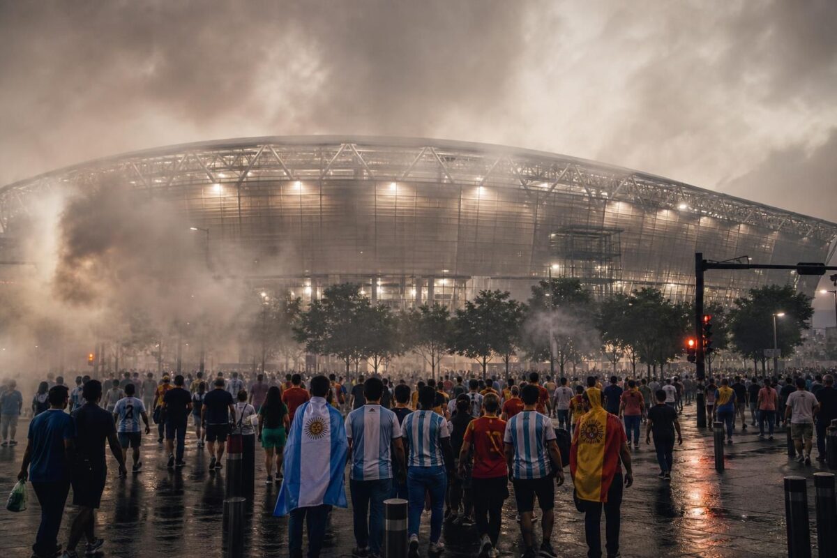 Rooksluier boven een stadionomgeving in New York richting de WK-finale tussen Argentinië en Spanje