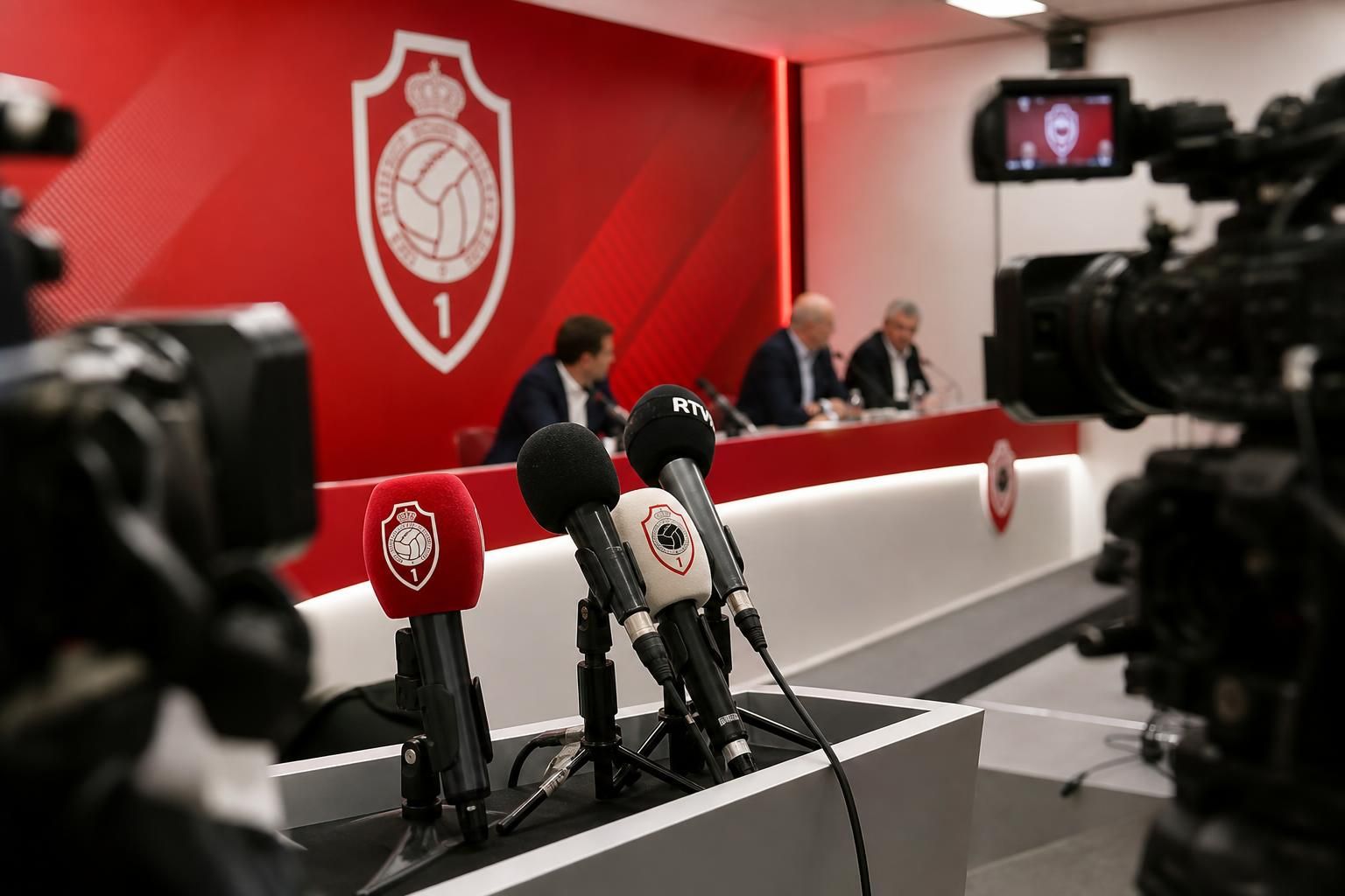 Persmoment rond Royal Antwerp FC met microfoons en rood-witte clubsfeer.