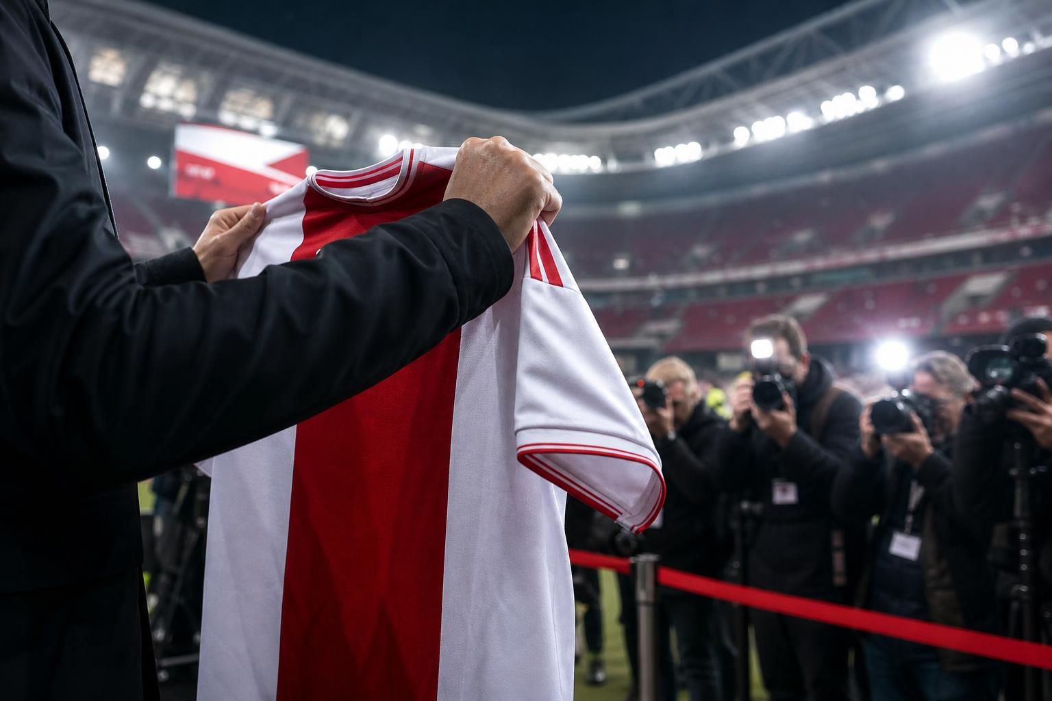 Transferpresentatie bij Ajax in rood-witte sfeer zonder herkenbare gezichten