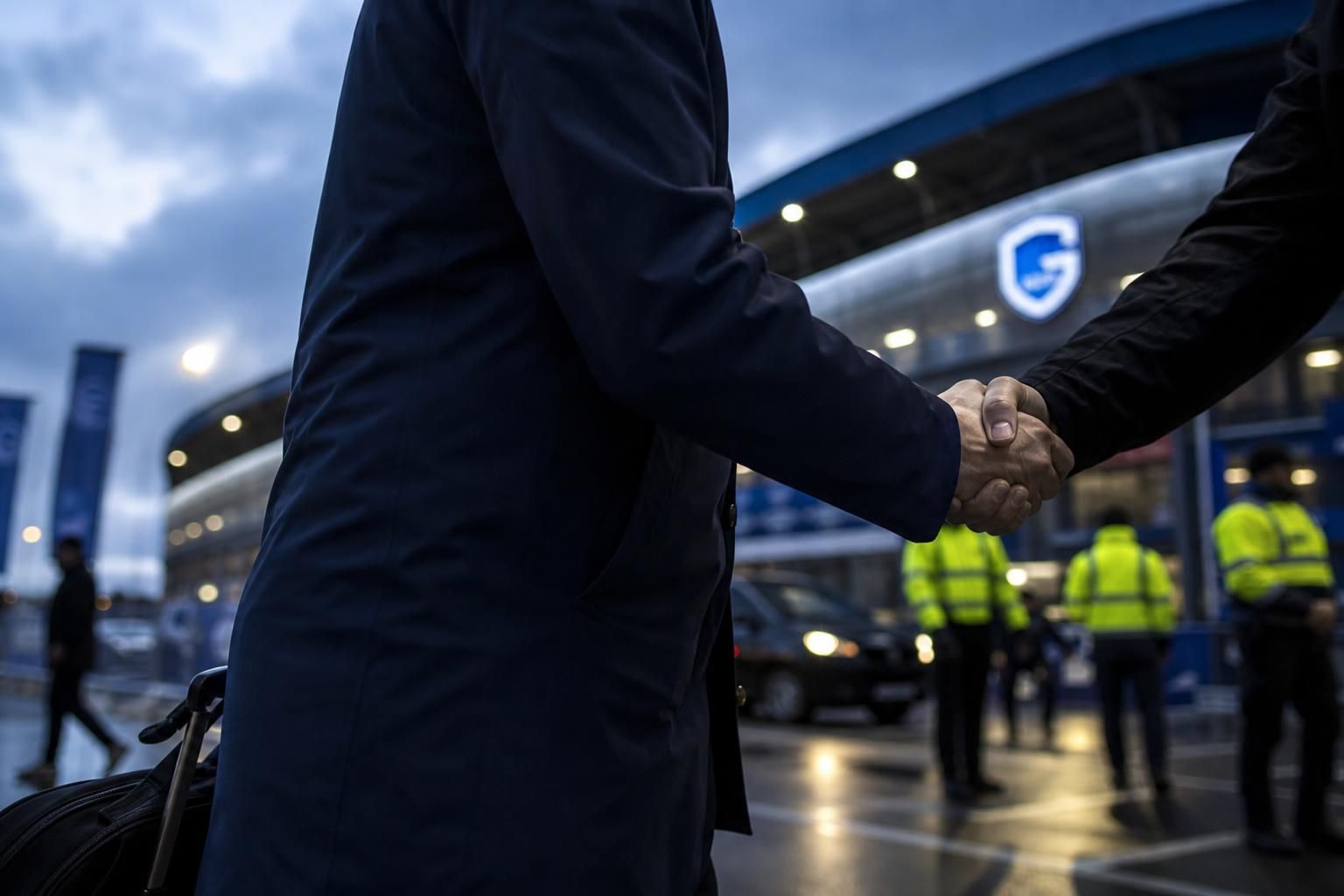 Transferachtige sfeer rond KRC Genk met stadioncontext zonder herkenbare gezichten