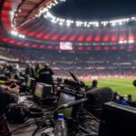 Perstribune in een groot stadion voor een WK-finale met microfoons en felle stadionlichten