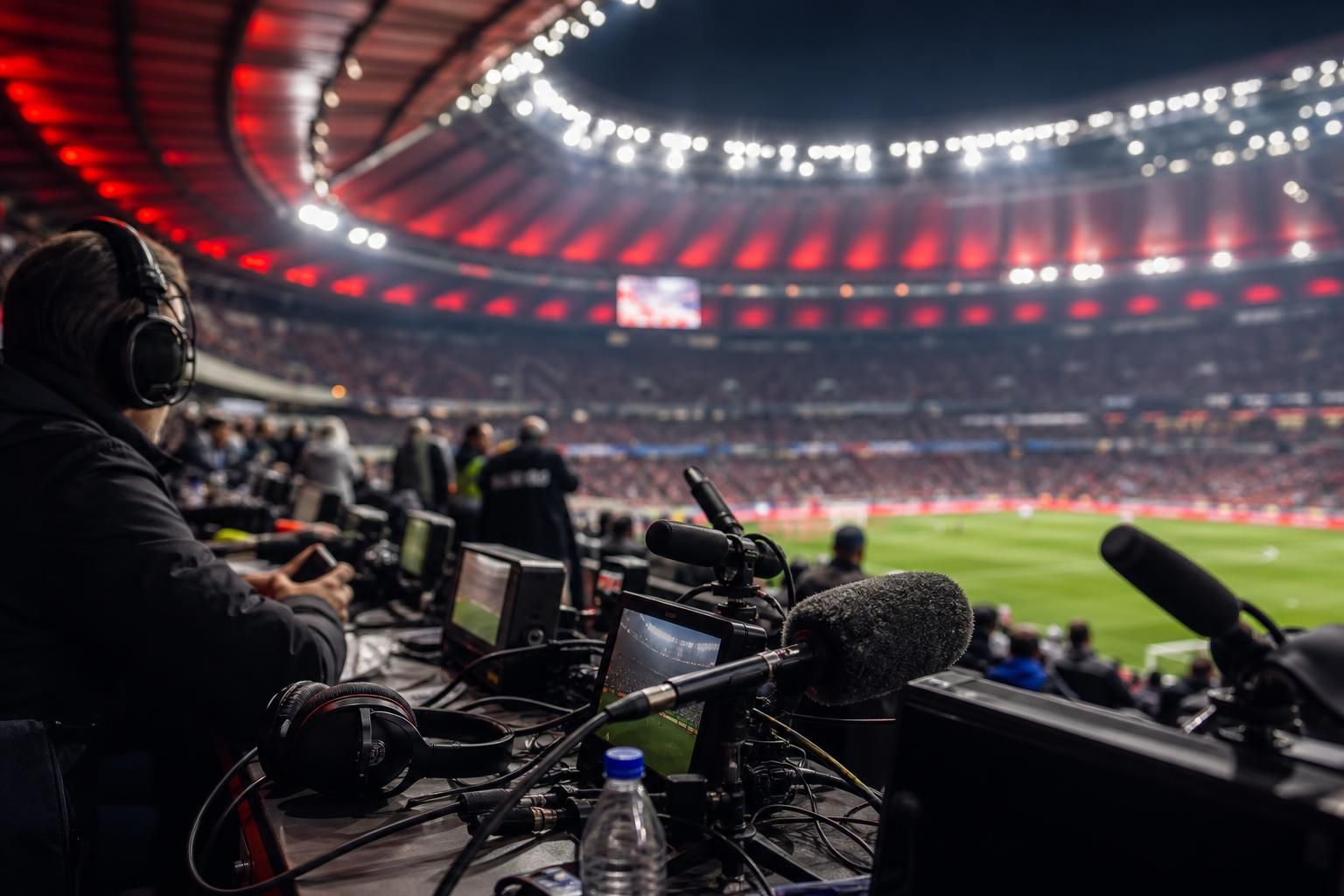 Perstribune in een groot stadion voor een WK-finale met microfoons en felle stadionlichten
