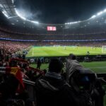 Tv-camera's in een vol voetbalstadion tijdens een grote Belgische voetbalmatch