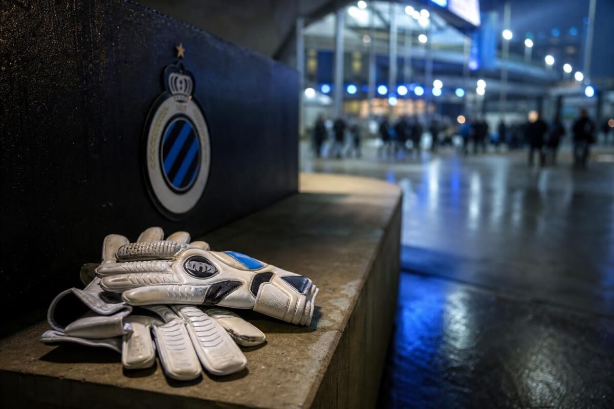 Keepershandschoenen in een stadionomgeving van Club Brugge als symbool voor de zoektocht naar een nieuwe doelman.