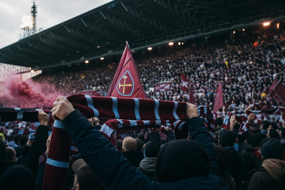 Supporters van West Ham United in een geladen stadionsfeer na de degradatie
