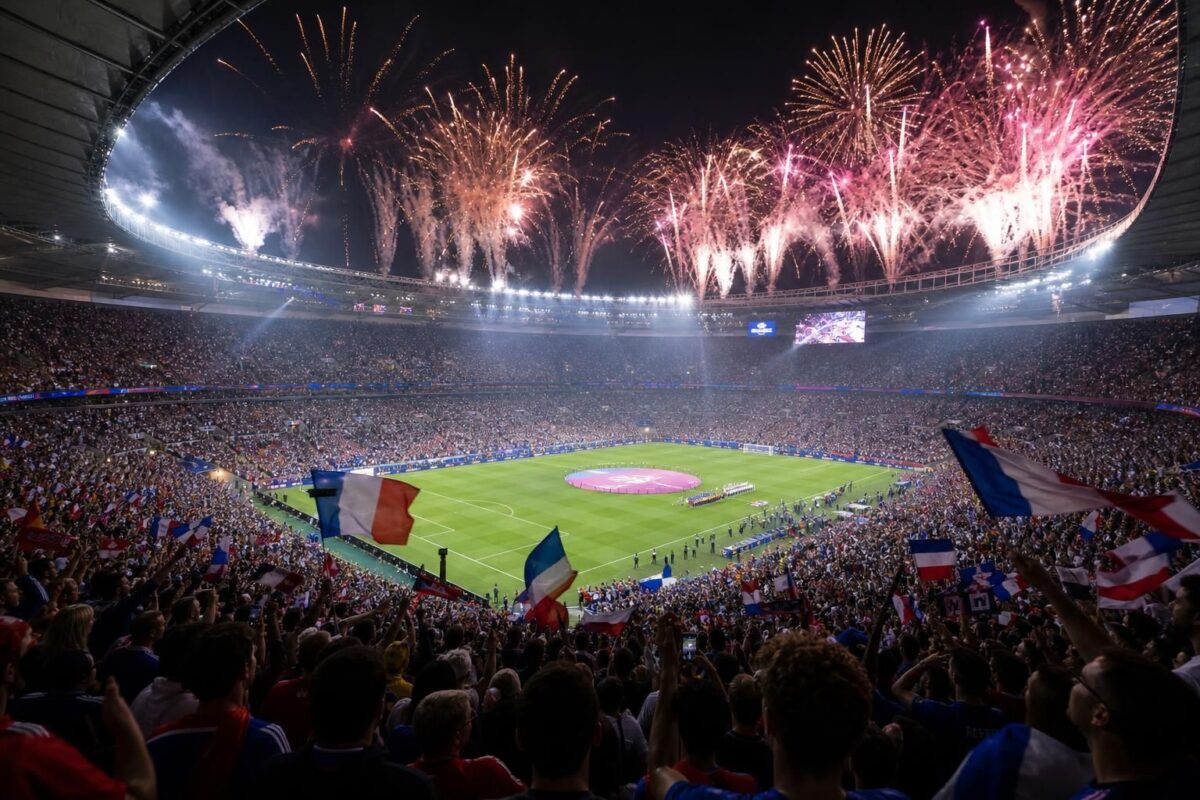Vol stadion tijdens een WK-finale met feestelijke sfeer en supporters