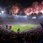 Vol stadion tijdens een WK-finale met feestelijke sfeer en supporters