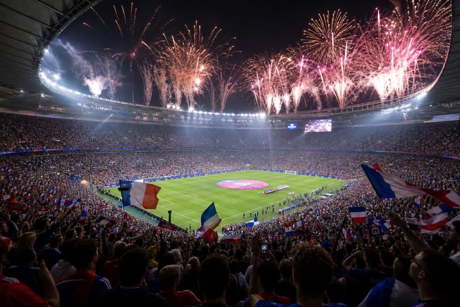 Vol stadion tijdens een WK-finale met feestelijke sfeer en supporters
