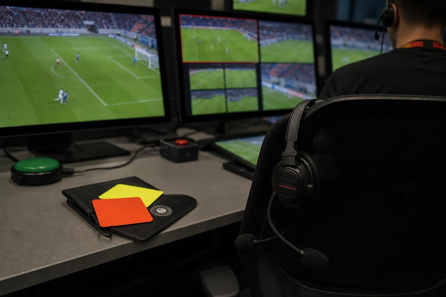 VAR-monitoren in een professionele voetbalcontext zonder herkenbare gezichten