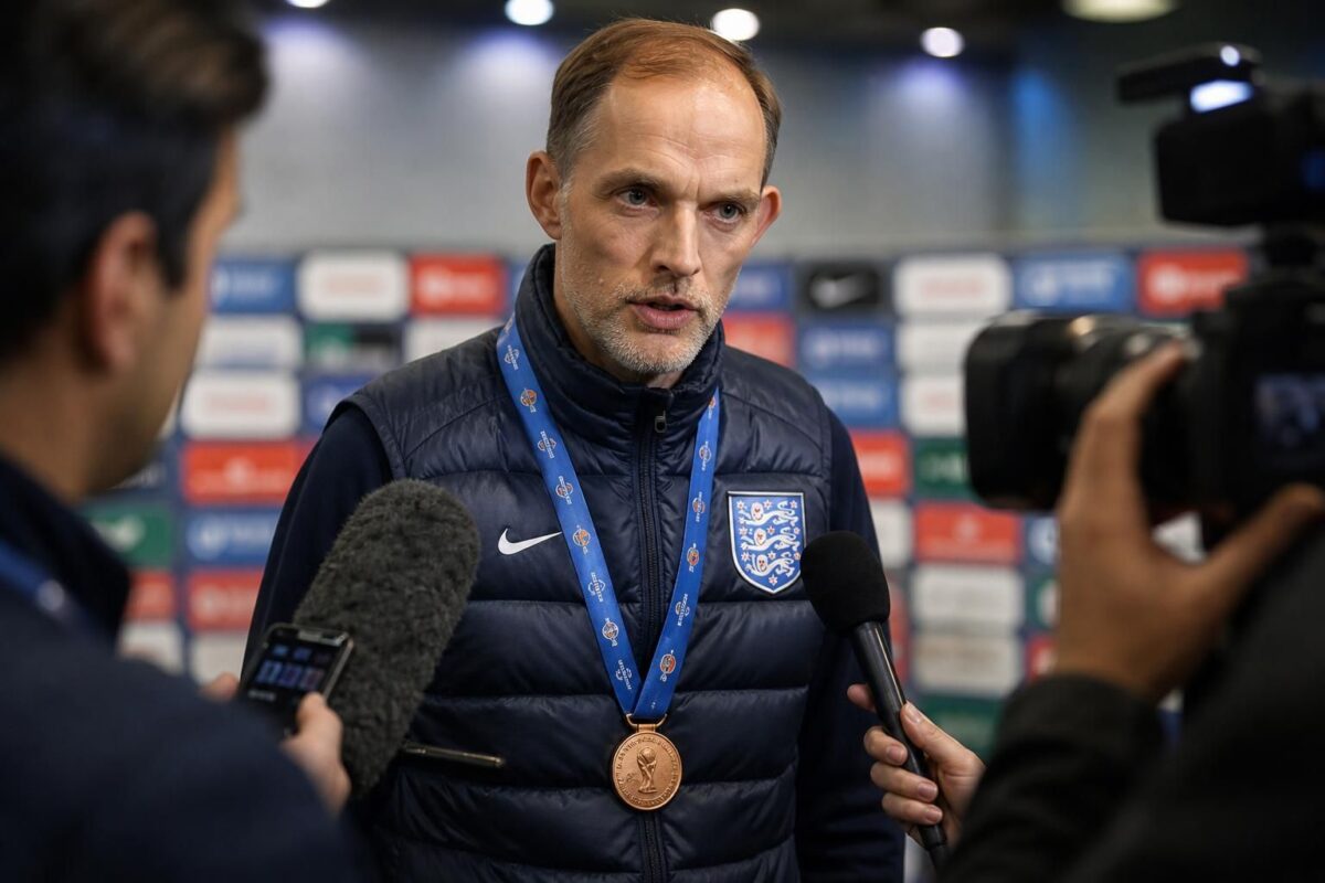 Thomas Tuchel tijdens een gespannen persmoment na het WK-brons van Engeland
