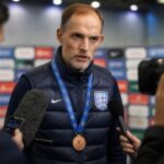 Thomas Tuchel tijdens een gespannen persmoment na het WK-brons van Engeland