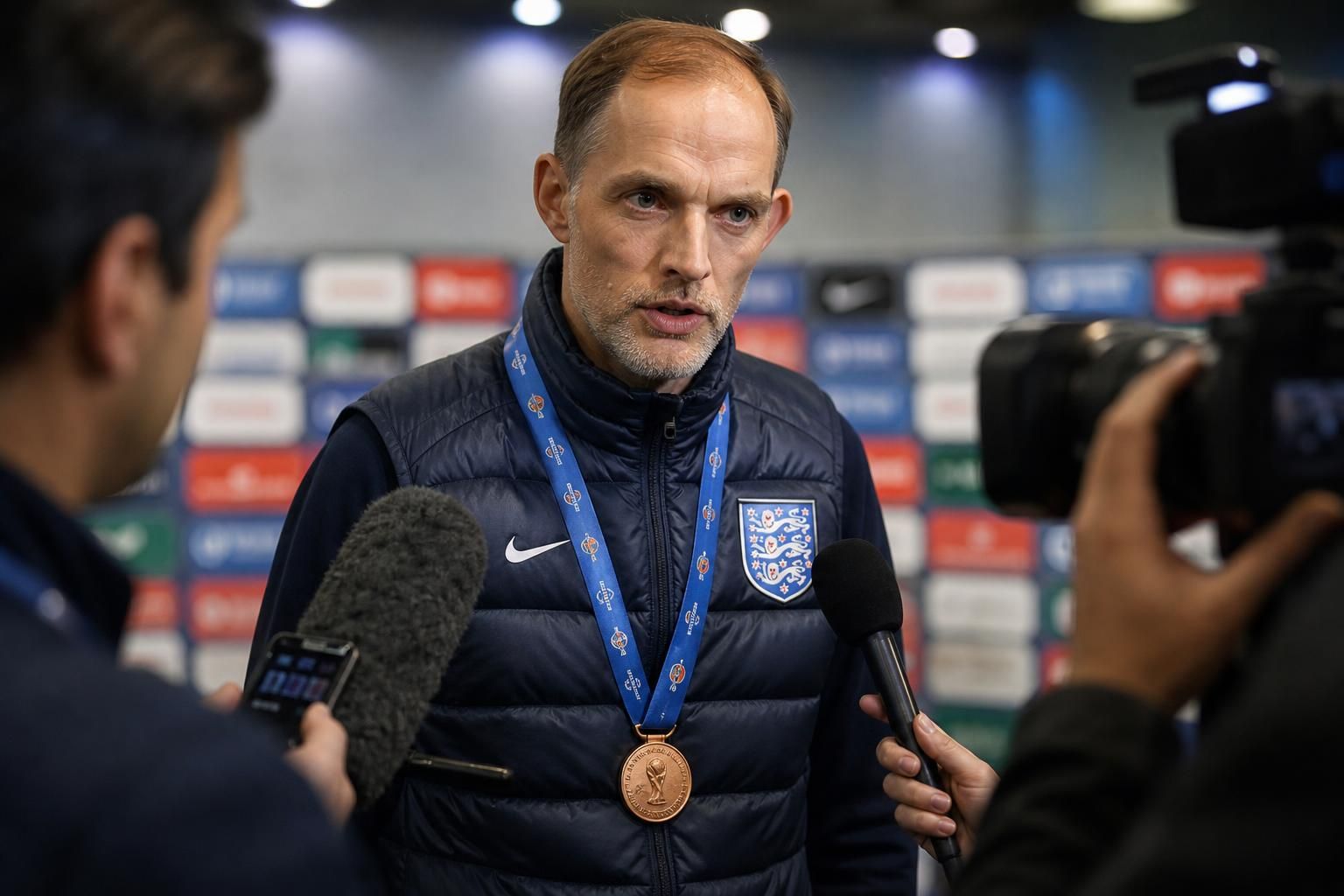 Thomas Tuchel tijdens een gespannen persmoment na het WK-brons van Engeland