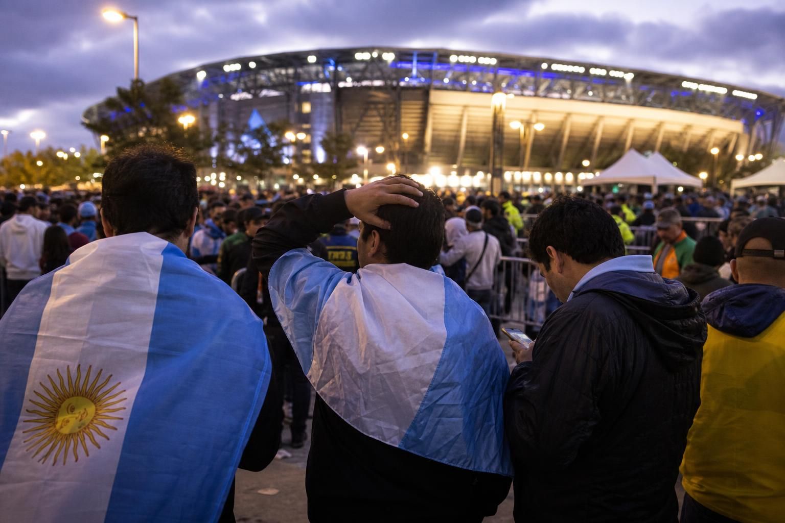 Supporters buiten een stadion tijdens de WK-finale kijken bezorgd naar ticketprijzen op een smartphone