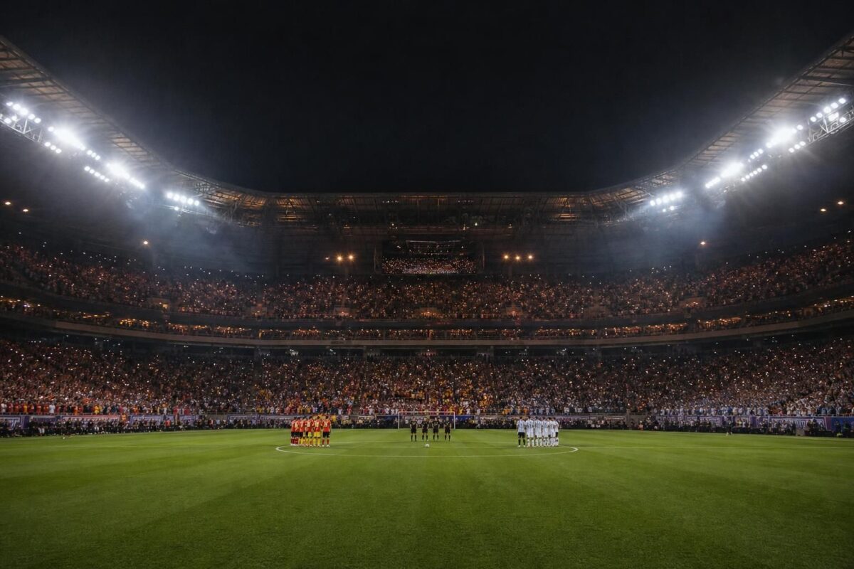 Sfeerbeeld van een WK-finale tussen Spanje en Argentinië in een vol stadion