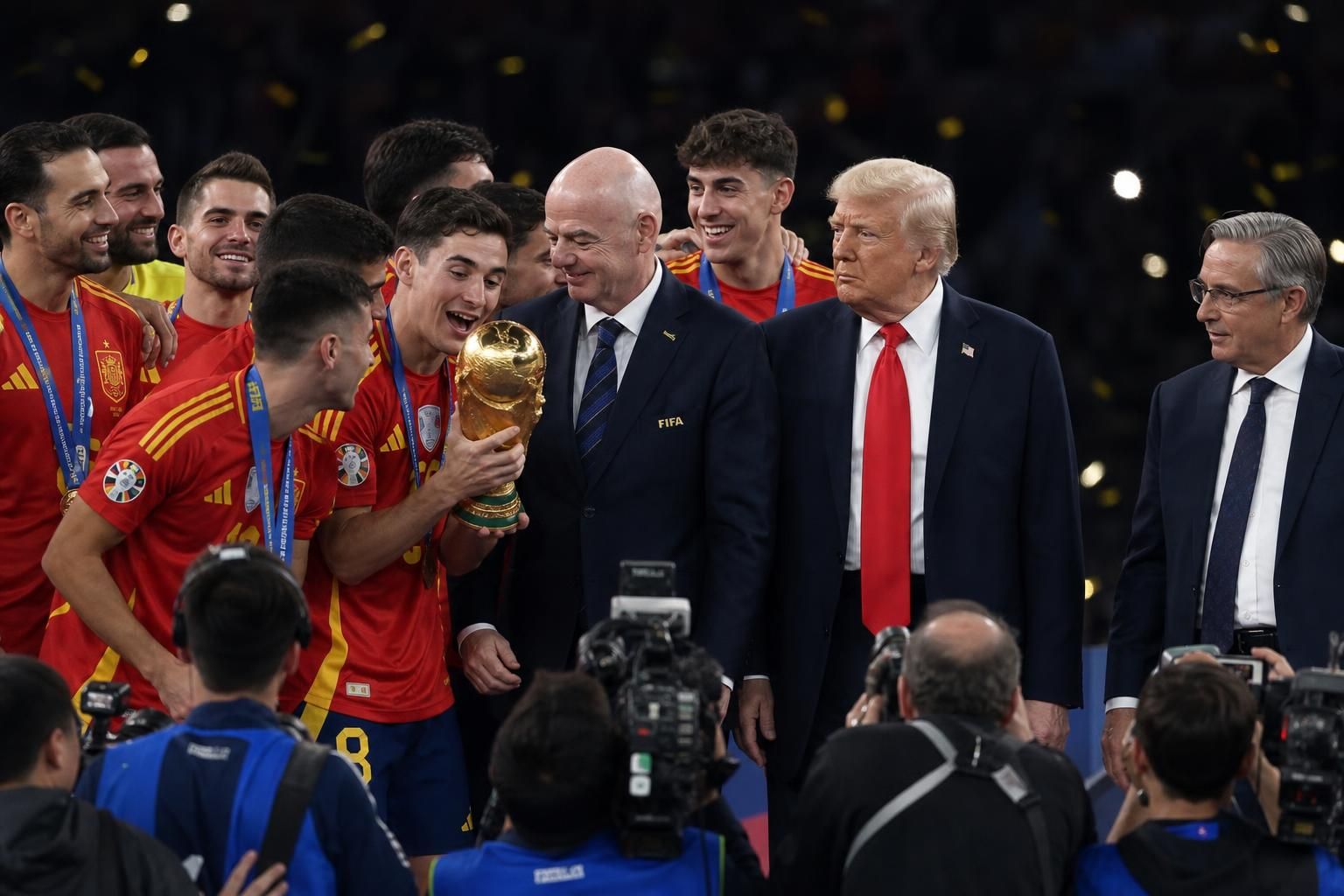 Donald Trump op het WK-podium tijdens de trofeeceremonie na Spanje-Argentinië