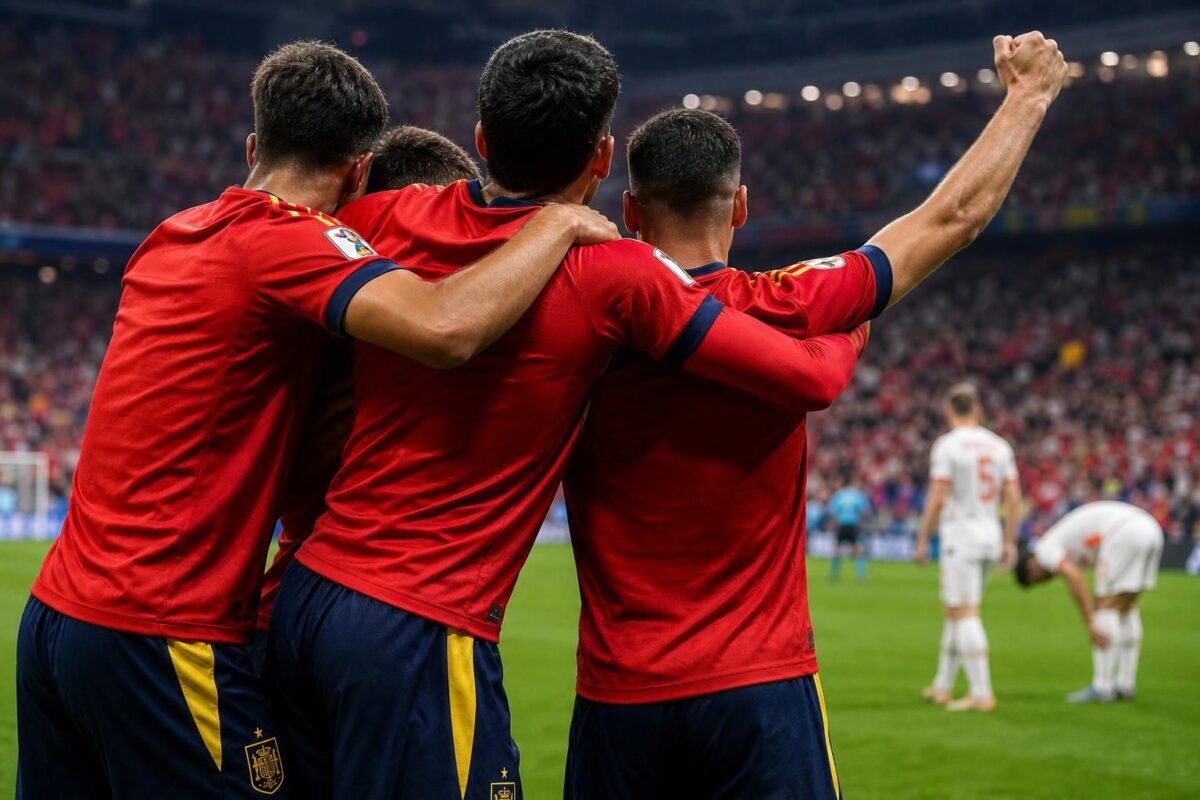 Spaanse spelers vieren een doelpunt tijdens de WK-wedstrijd tegen Oostenrijk