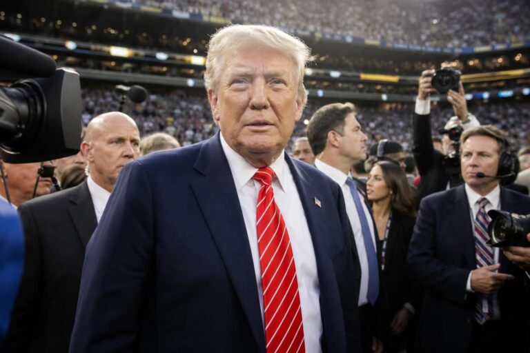 Donald Trump tijdens een WK-moment in een vol voetbalstadion in Amerika