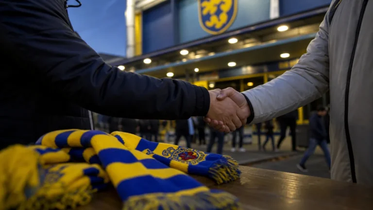 Transferbeeld aan de Freethiel rond de komst van Dominic Thompson bij SK Beveren