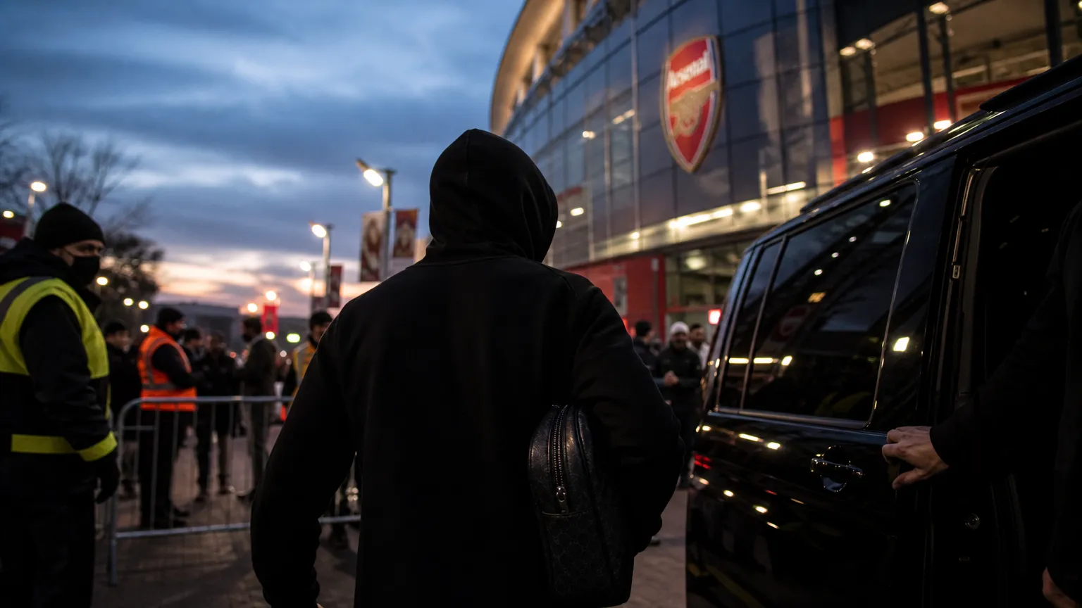 Transfercontext rond Arsenal met stadionomgeving en gespannen voetbalsfeer