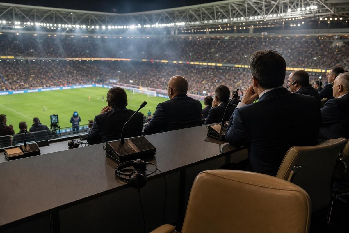 Gespannen VIP- en persomgeving rond een WK-finale als symbool voor het conflict tussen UEFA en FIFA