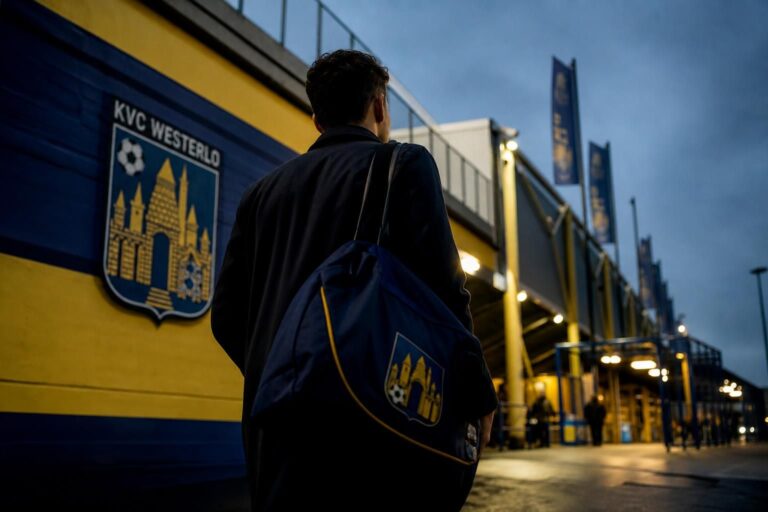 Transfercontext rond KVC Westerlo met stadionomgeving en clubkleuren zonder herkenbare gezichten