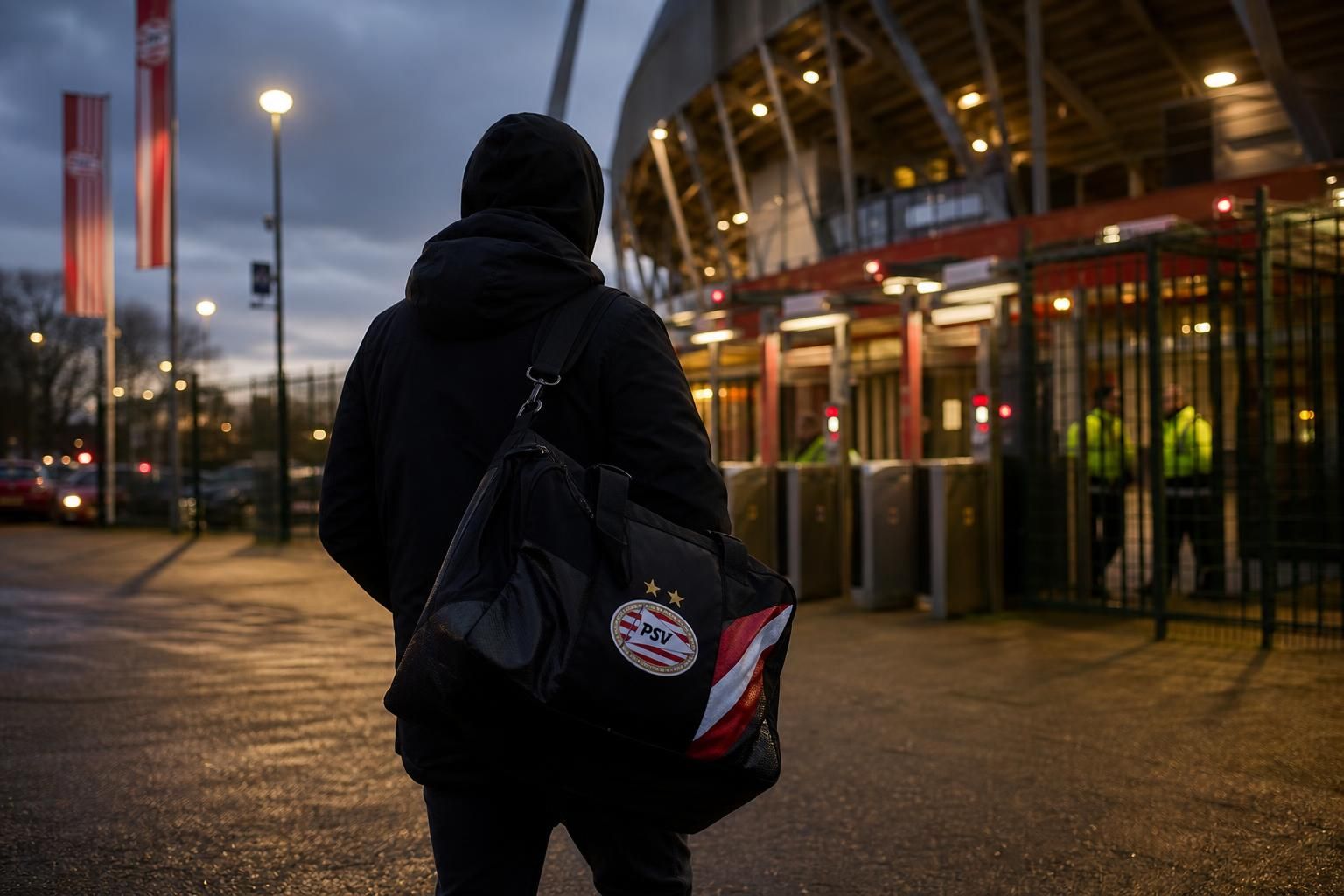 Transfercontext rond PSV met gespannen stadionsfeer zonder herkenbare personen