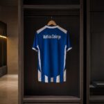 Blauw-wit voetbalshirt met de naam Delorge, centraal opgehangen in een sfeervolle kleedkamer.