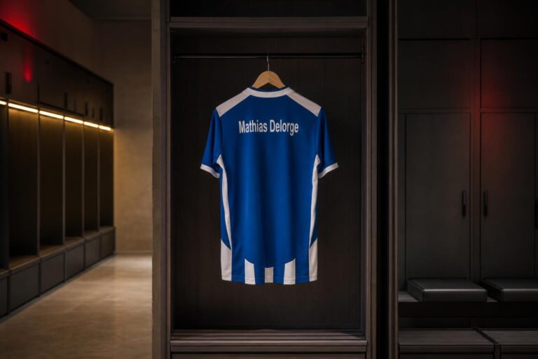 Blauw-wit voetbalshirt met de naam Delorge, centraal opgehangen in een sfeervolle kleedkamer.