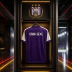 Centraal Anderlecht-shirt met ONIA SEKE in een futuristische kleedkamer met paarse, rode en gouden accenten