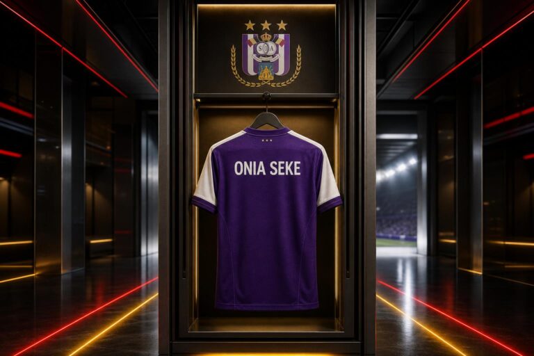 Centraal Anderlecht-shirt met ONIA SEKE in een futuristische kleedkamer met paarse, rode en gouden accenten