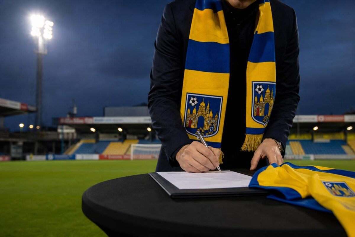 Transfercontext rond KVC Westerlo met clubkleuren en stadionomgeving zonder herkenbare gezichten