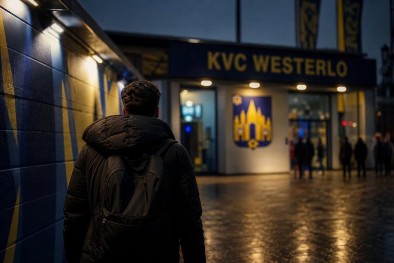 Transfercontext rond KVC Westerlo met stadionomgeving en aankomstsfeer zonder herkenbare gezichten