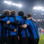 Spelers van IK Sirius vieren een doelpunt in een Zweedse competitiewedstrijd.