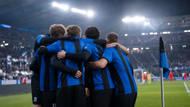 Spelers van IK Sirius vieren een doelpunt in een Zweedse competitiewedstrijd.