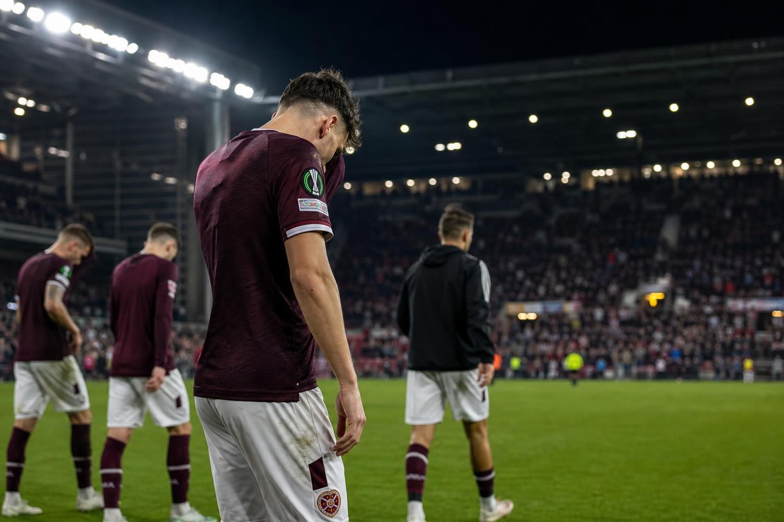 Ontgoochelde Hearts-spelers na een zware Europese uitnederlaag