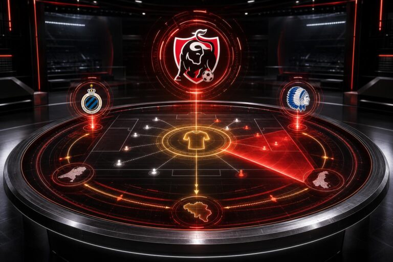 Transferradar scant centrale middenvelders rond het embleem van de Jupiler Pro League.