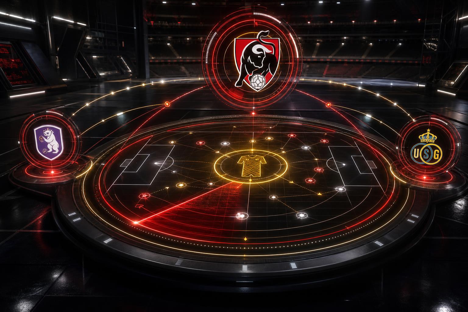 Transferradar met het Jupiler Pro League-embleem en routes naar complete spelhervattende middenvelders
