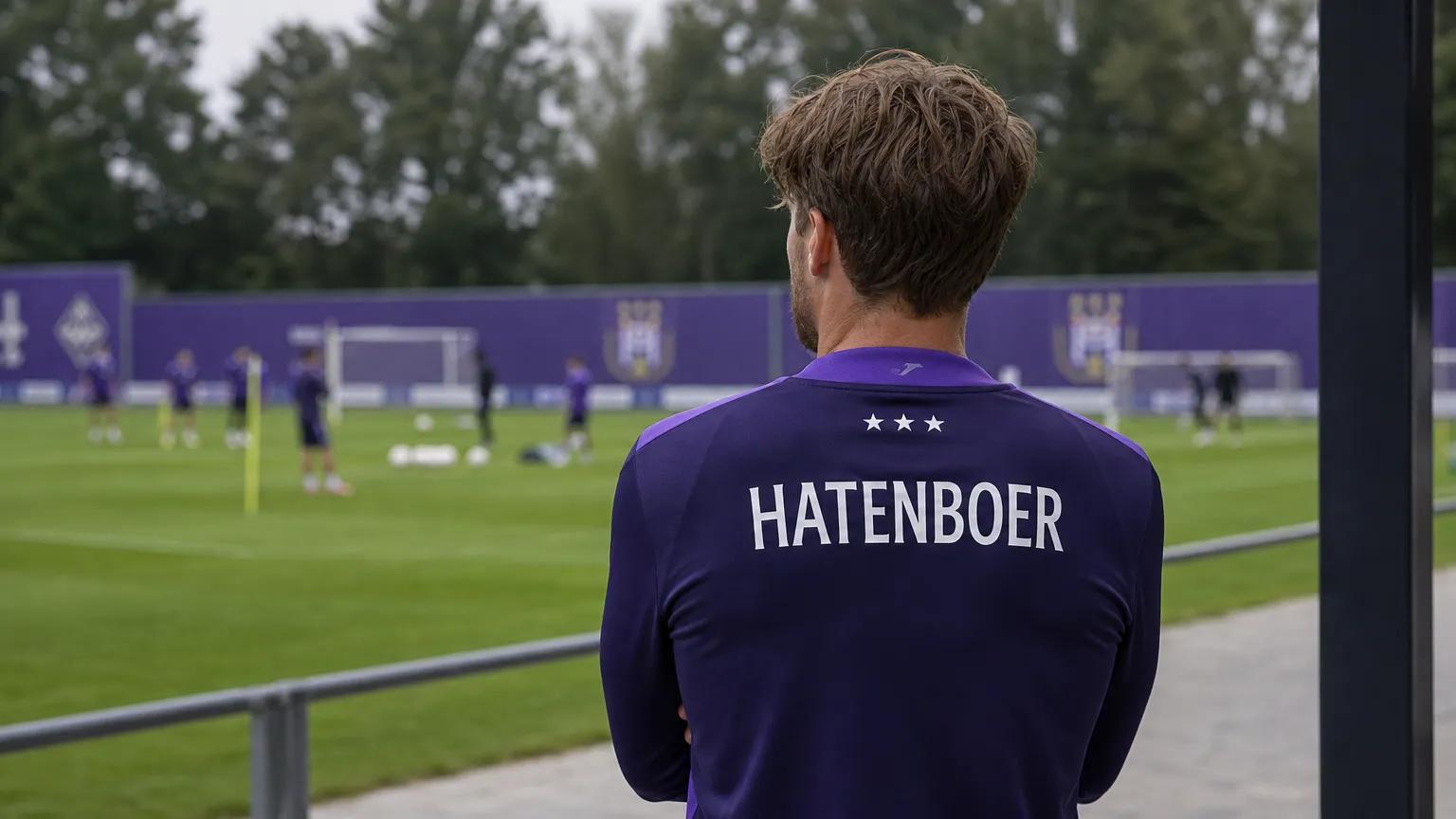 Cedric Hatenboer in Anderlecht-tenue aan de rand van het trainingsveld